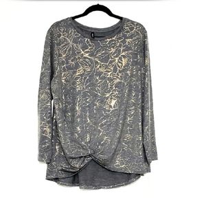 Massini Gray Gold Foil Front Knot Plus Size Top